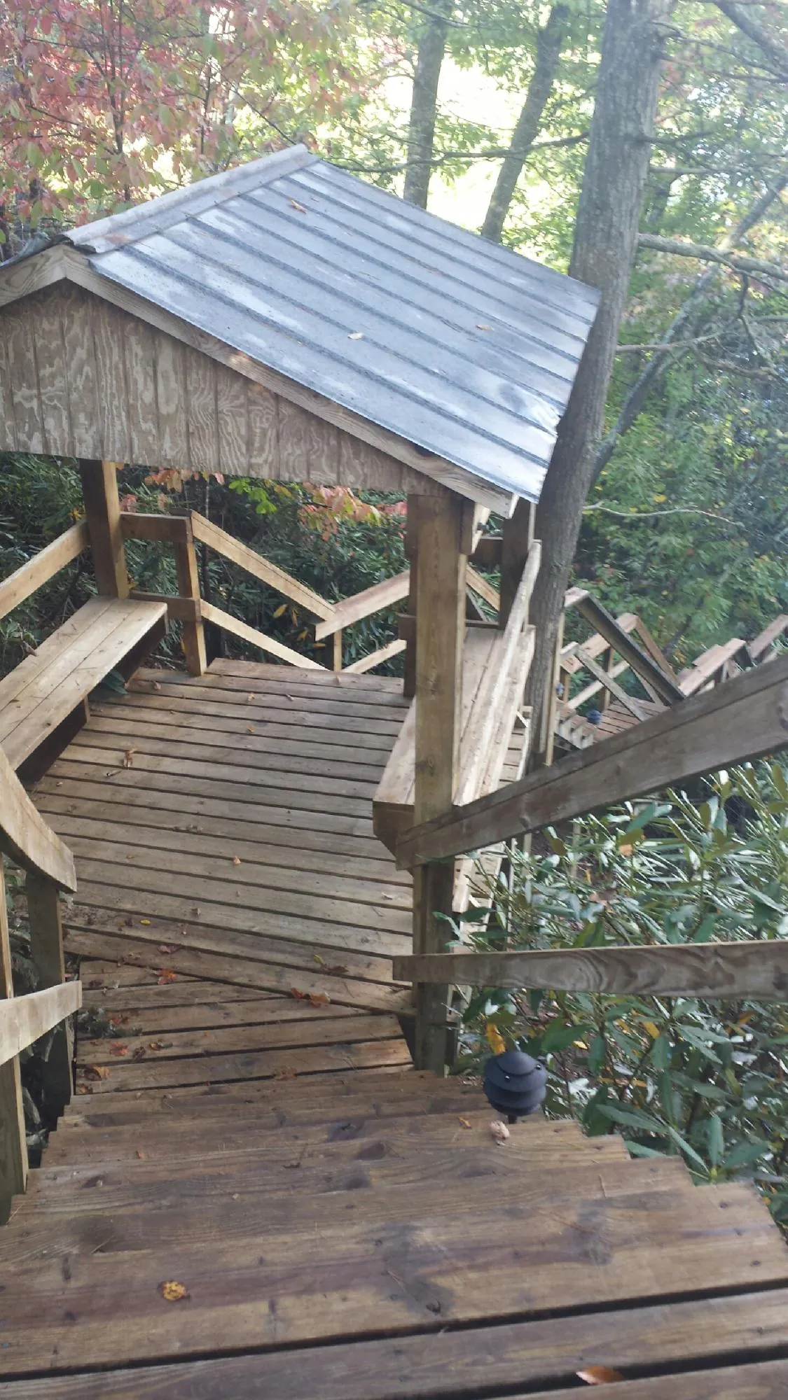 Metal roofed shelter over wooden steps on a wooded walkway — Skylight Repair & Installation work by our crew in Avondale Estates