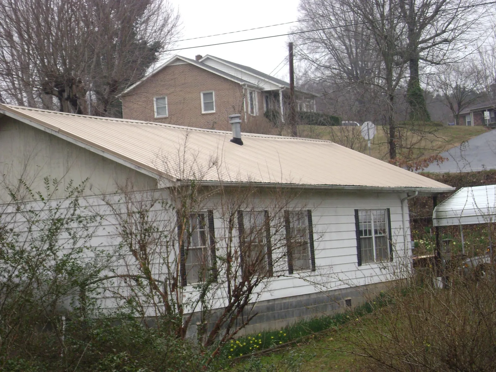 Tan metal roof on a white sided house set into a hillside — Commercial Roofing by Roofing Brothers in Avondale Estates